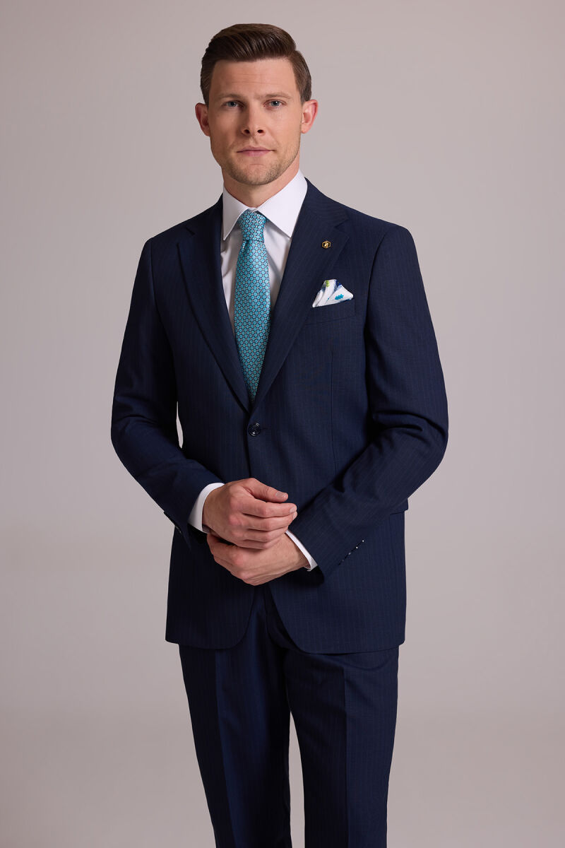 Erkek Lacivert Çizgili Regular Fit Mono Yaka %100 Yün Takım Elbise - 6