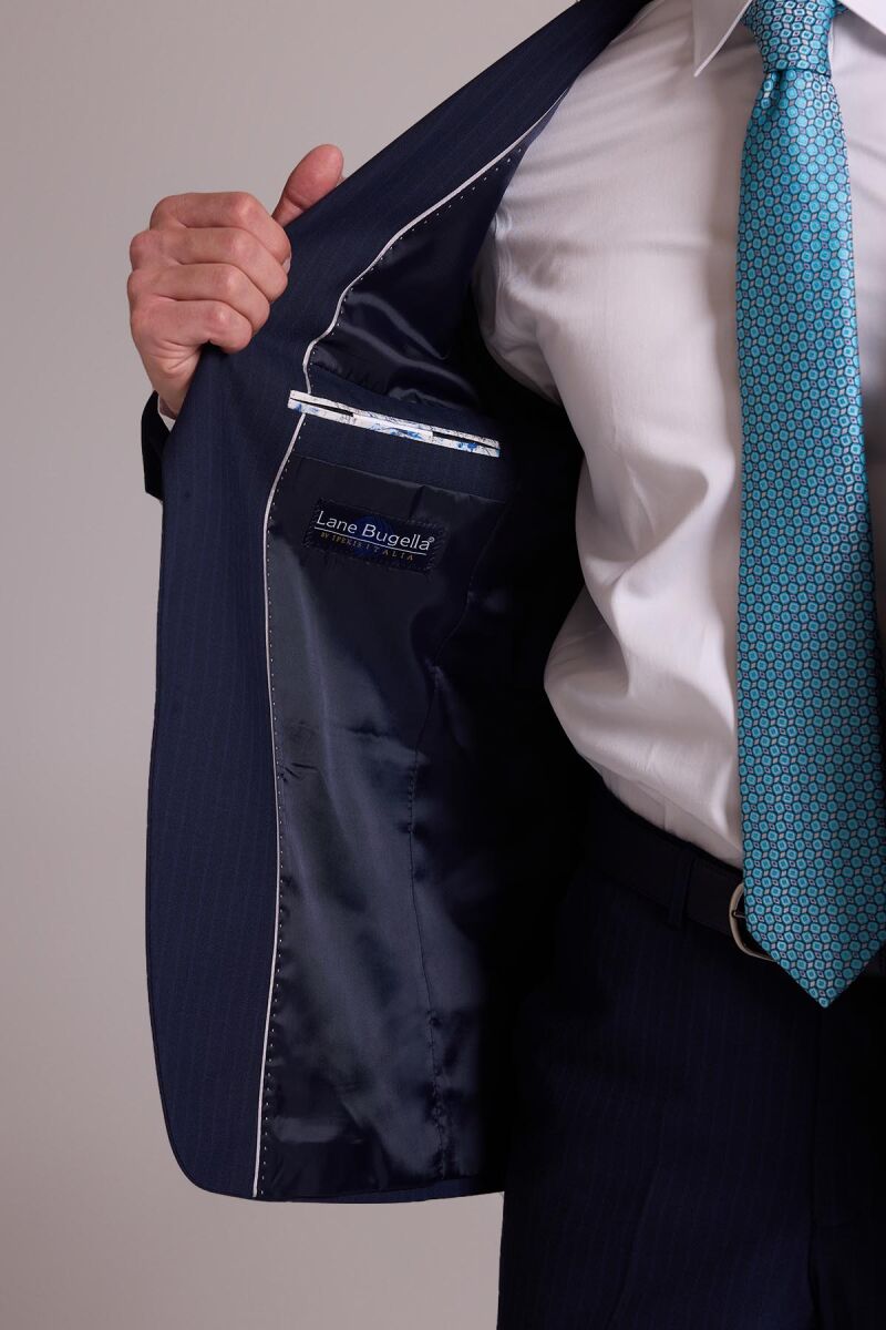 Erkek Lacivert Çizgili Regular Fit Mono Yaka %100 Yün Takım Elbise - 8