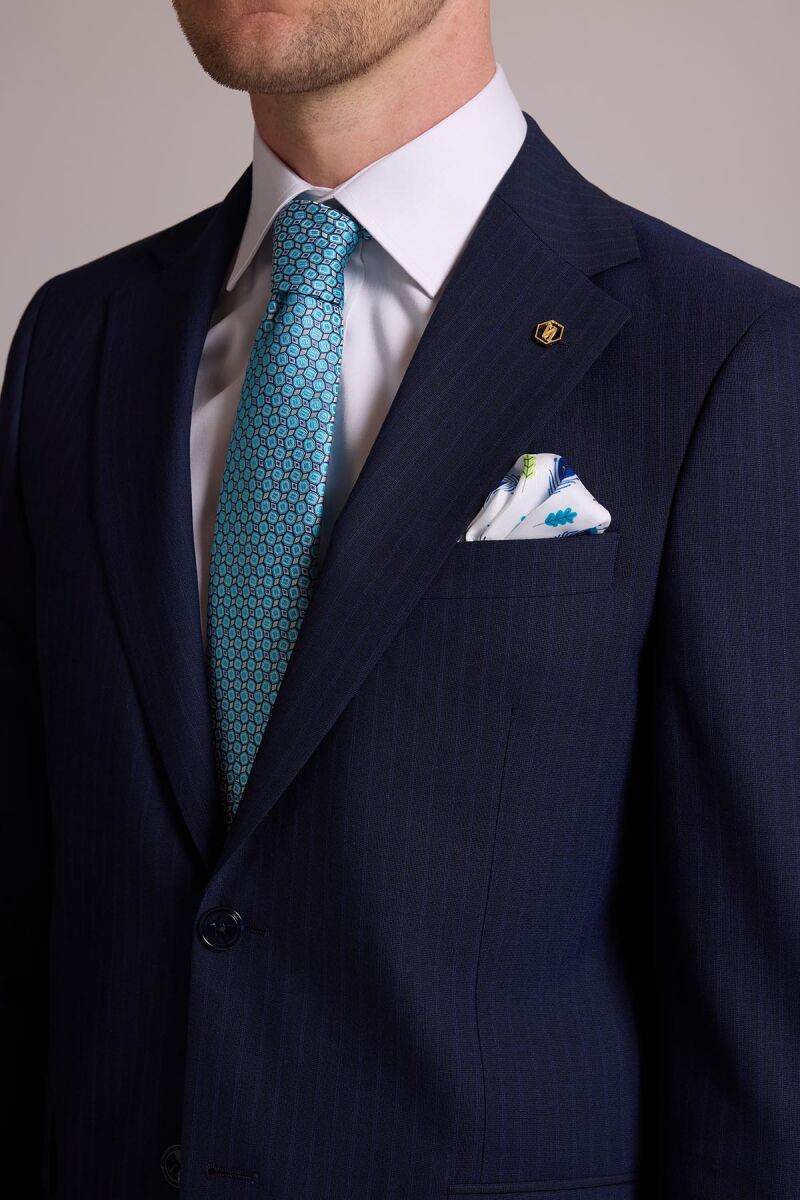 Erkek Lacivert Çizgili Regular Fit Mono Yaka %100 Yün Takım Elbise - 9