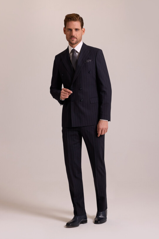 Erkek Lacivert Çizgili Regular Fit Yün Kruvaze Çizgili Takım Elbise
