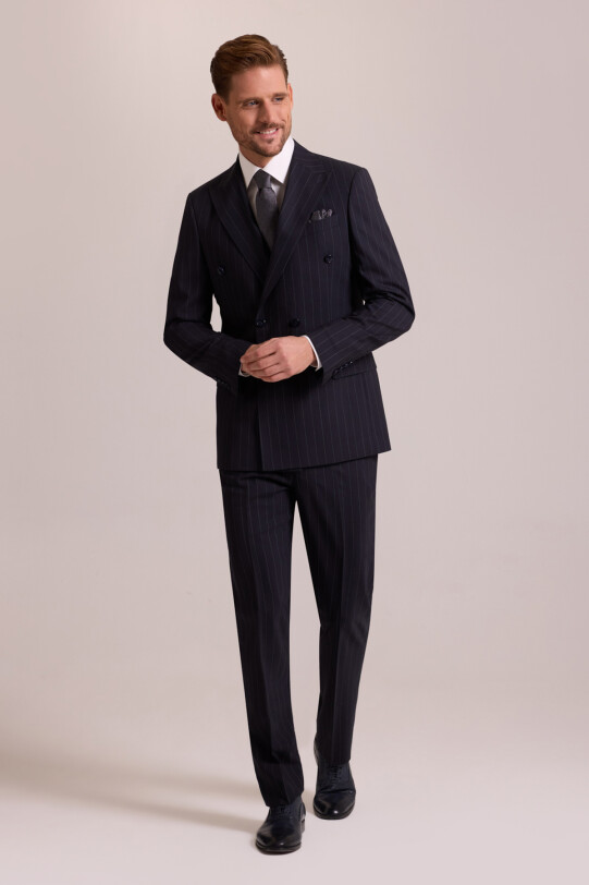 Erkek Lacivert Çizgili Regular Fit Yün Kruvaze Çizgili Takım Elbise