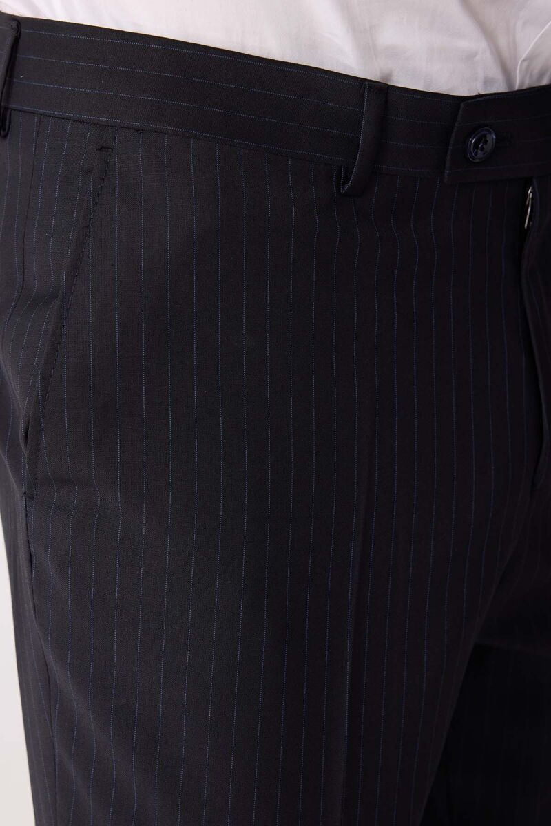 Erkek Lacivert Çizgili Slim Fit %100 Yün Çizgili Kruvaze Takım Elbise - 10