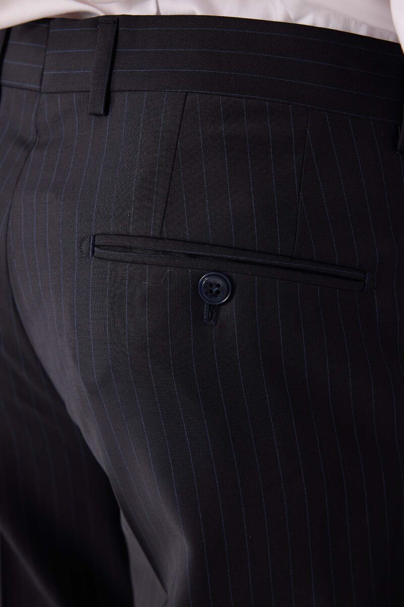 Erkek Lacivert Çizgili Slim Fit %100 Yün Çizgili Kruvaze Takım Elbise - 11