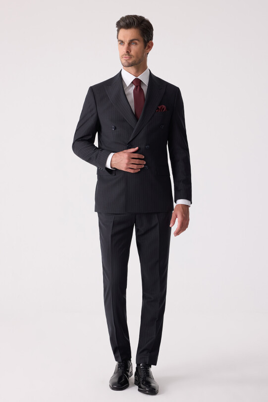 Erkek Lacivert Çizgili Slim Fit %100 Yün Çizgili Kruvaze Takım Elbise