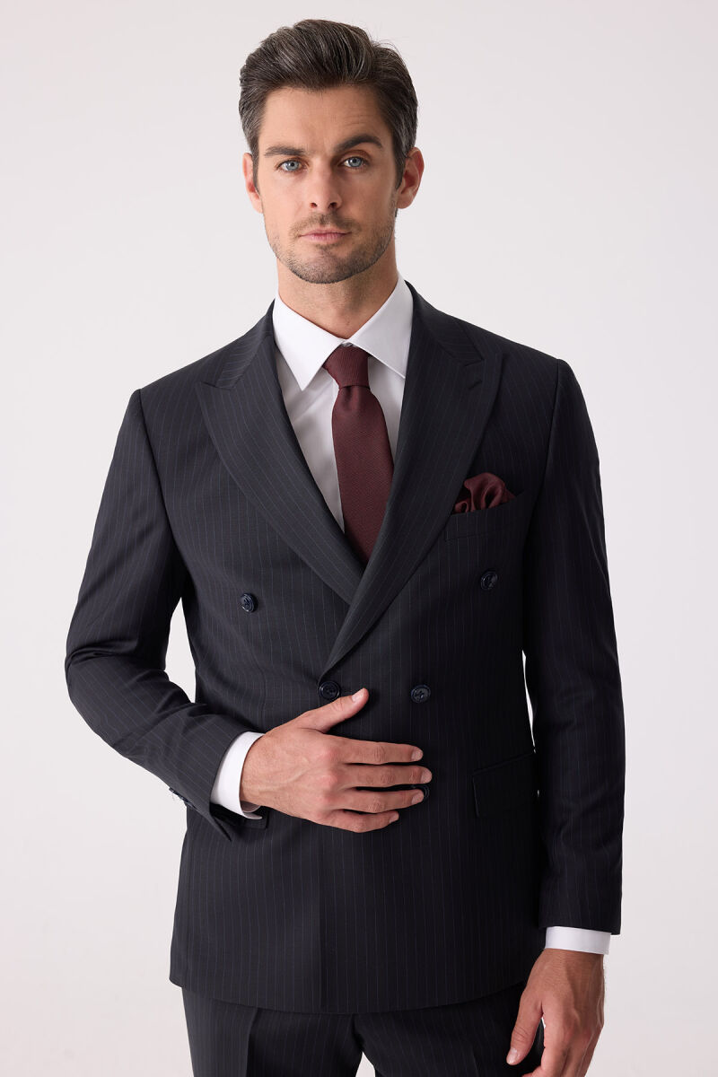 Erkek Lacivert Çizgili Slim Fit %100 Yün Çizgili Kruvaze Takım Elbise - 3