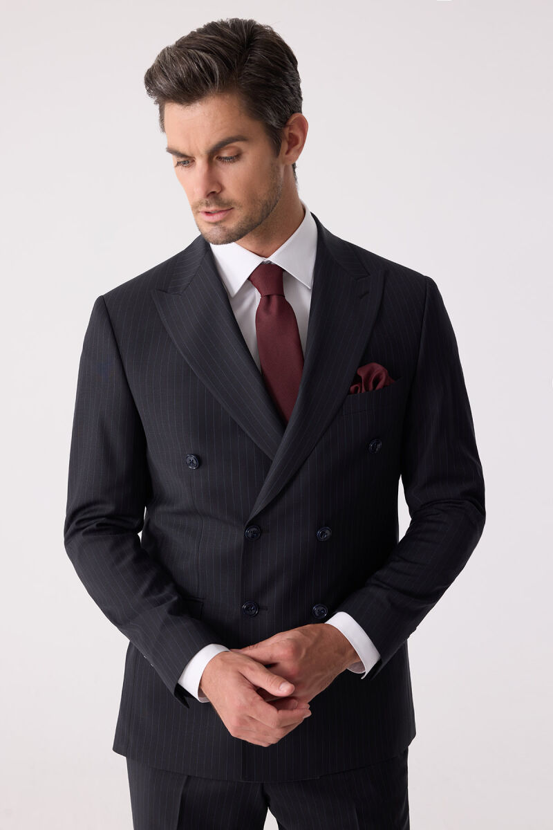 Erkek Lacivert Çizgili Slim Fit %100 Yün Çizgili Kruvaze Takım Elbise - 4