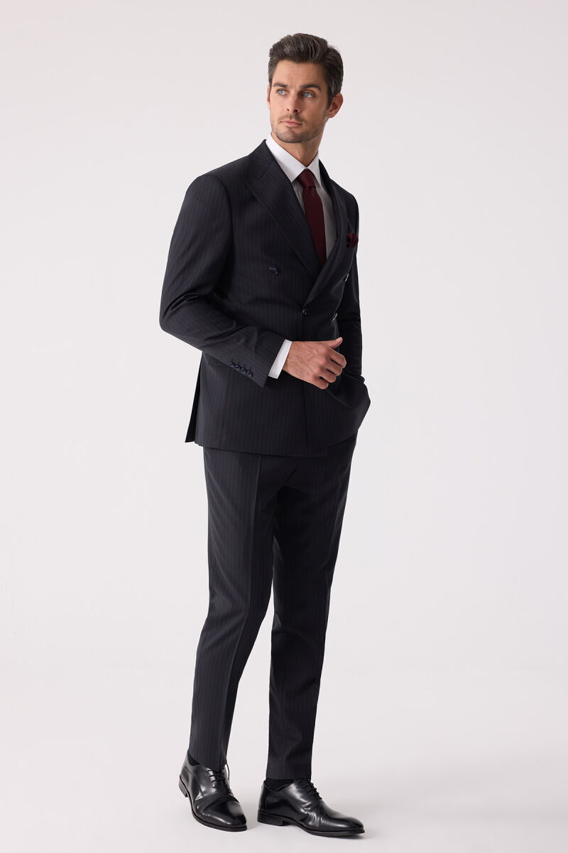 Erkek Lacivert Çizgili Slim Fit %100 Yün Çizgili Kruvaze Takım Elbise - 5