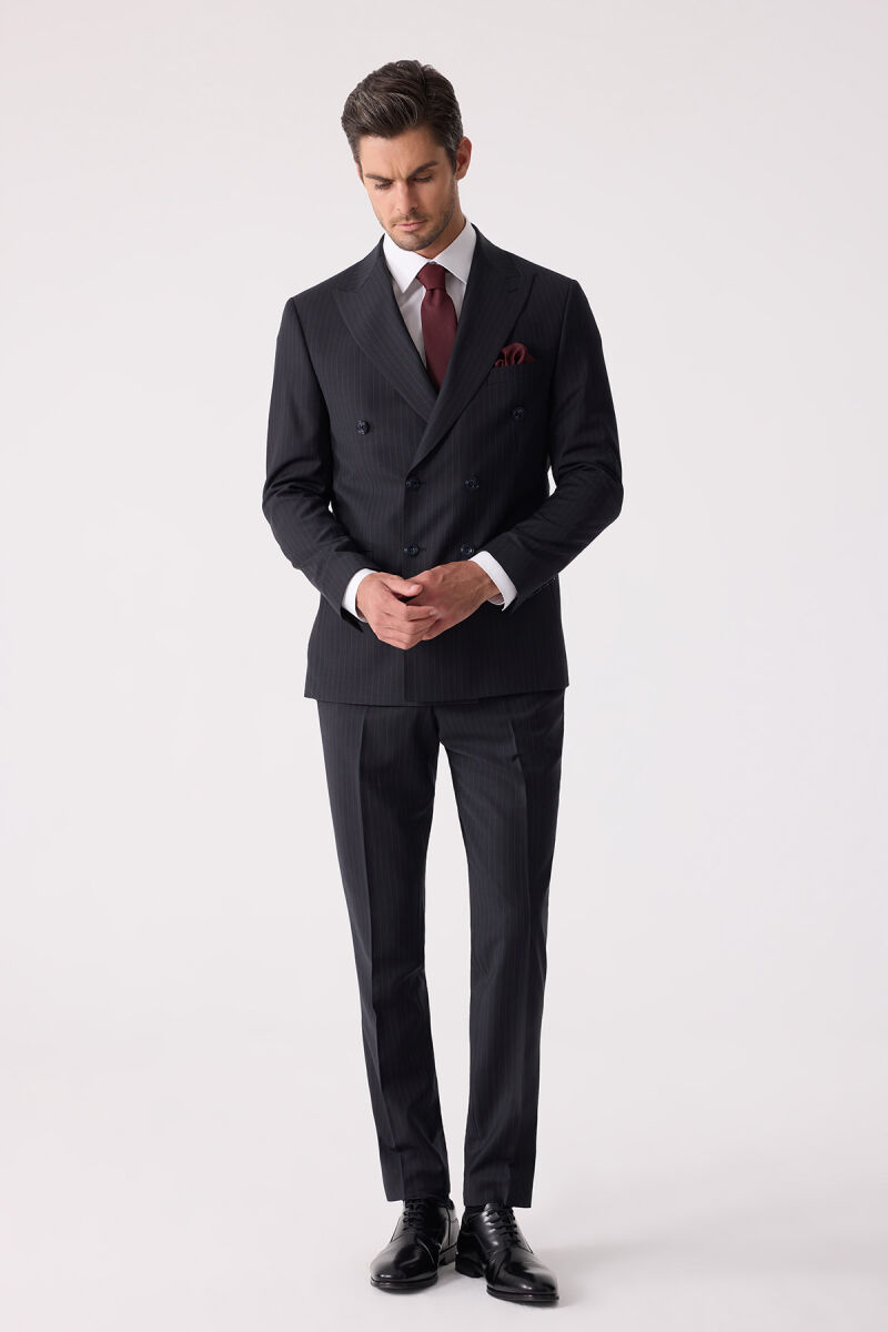 Erkek Lacivert Çizgili Slim Fit %100 Yün Çizgili Kruvaze Takım Elbise - 6