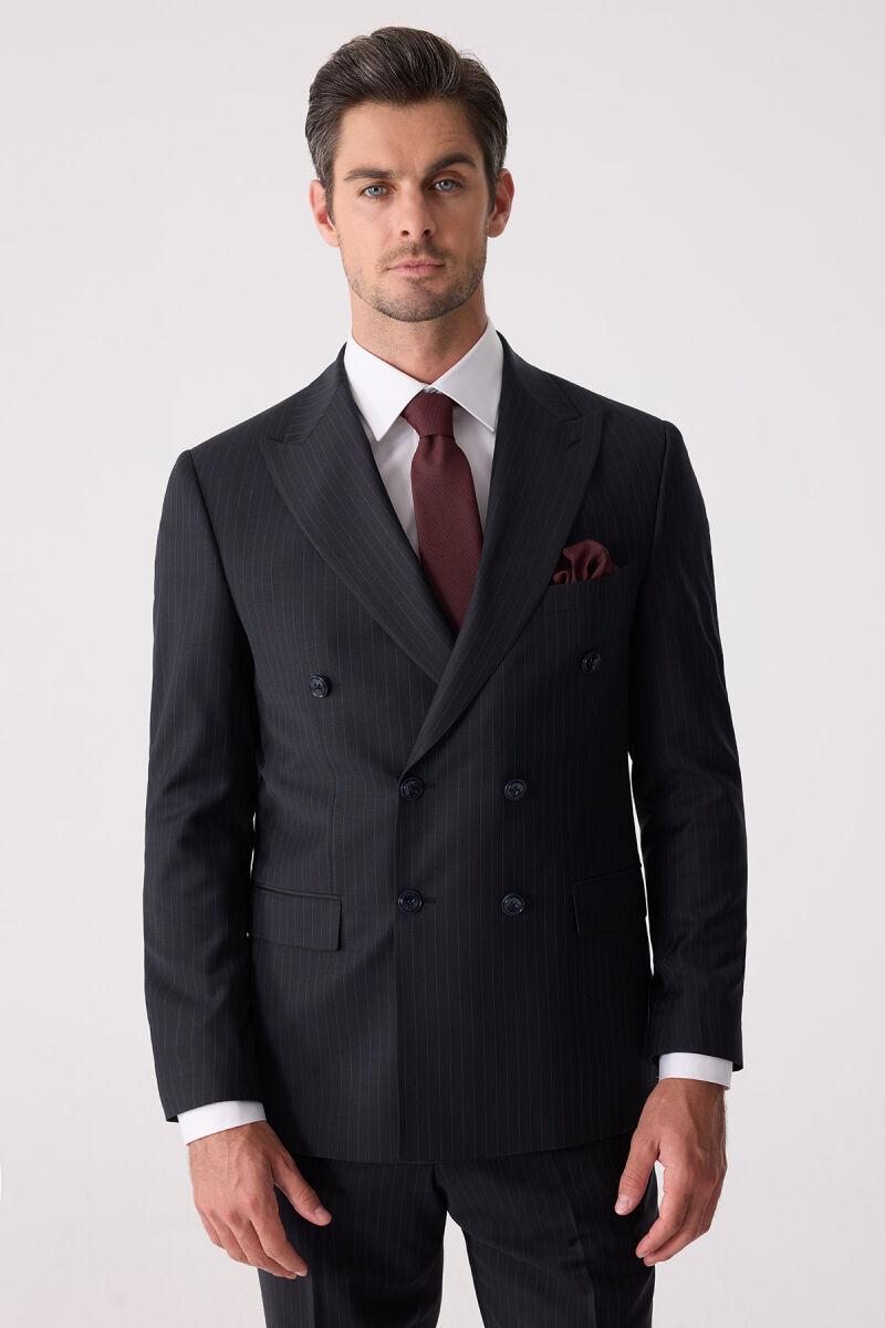 Erkek Lacivert Çizgili Slim Fit %100 Yün Çizgili Kruvaze Takım Elbise - 7