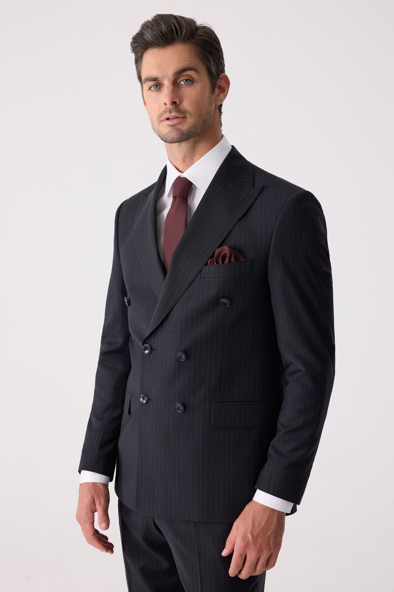 Erkek Lacivert Çizgili Slim Fit %100 Yün Çizgili Kruvaze Takım Elbise - 8