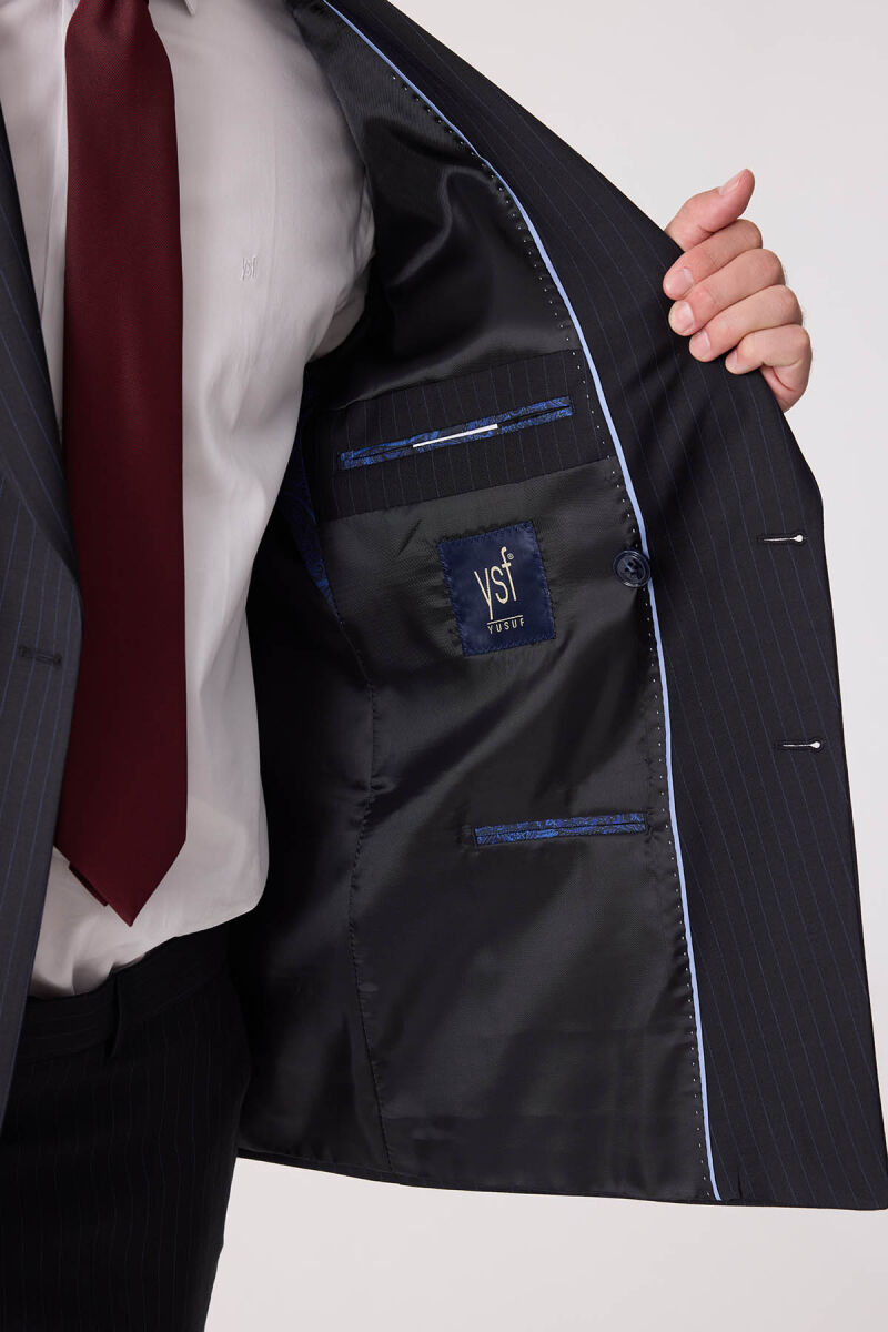 Erkek Lacivert Çizgili Slim Fit %100 Yün Çizgili Kruvaze Takım Elbise - 9