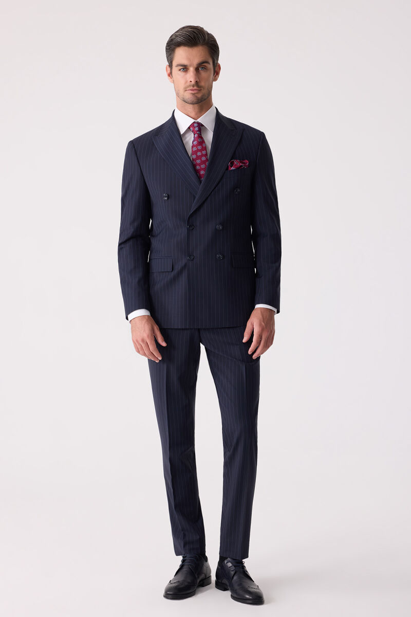 Erkek Lacivert Çizgili Slim Fit Kruvaze Takım Elbise - 1