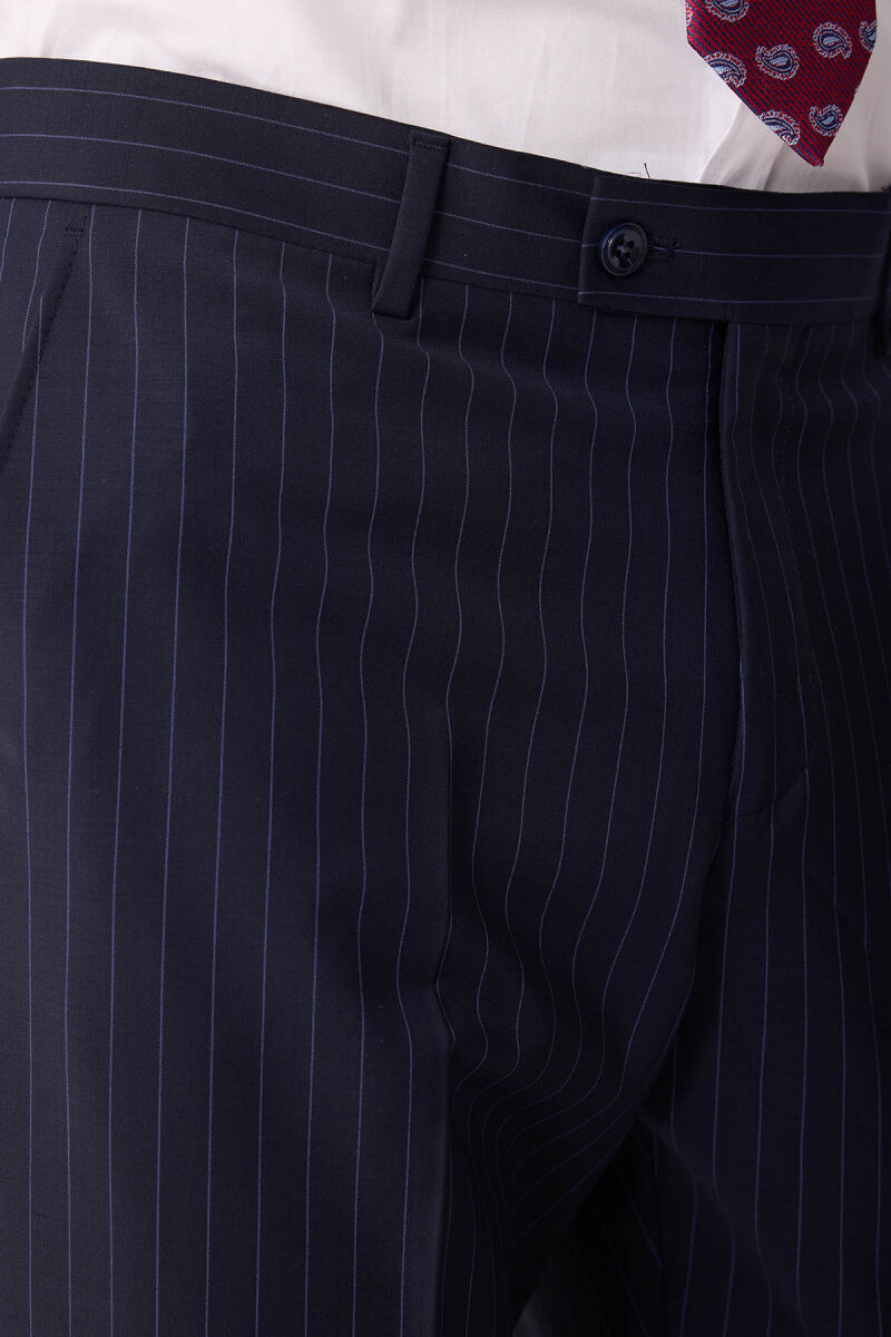 Erkek Lacivert Çizgili Slim Fit Kruvaze Takım Elbise - 10