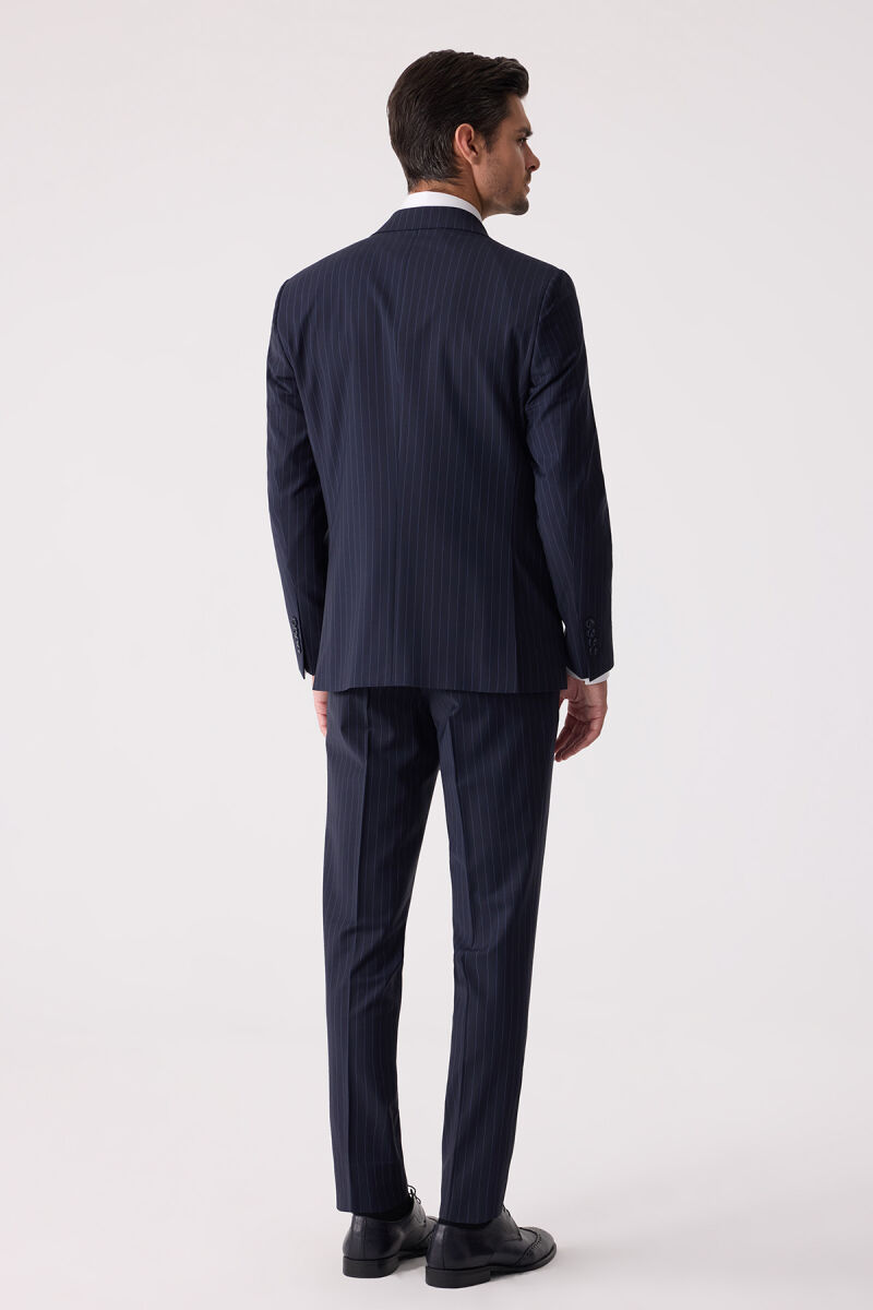 Erkek Lacivert Çizgili Slim Fit Kruvaze Takım Elbise - 12