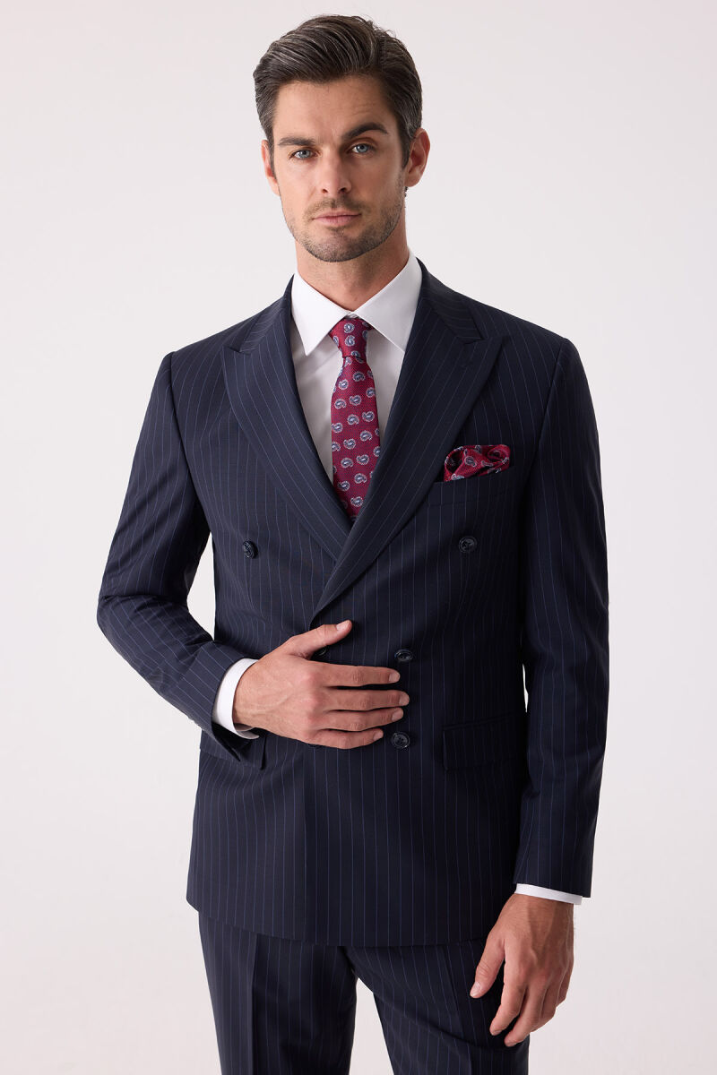 Erkek Lacivert Çizgili Slim Fit Kruvaze Takım Elbise - 2