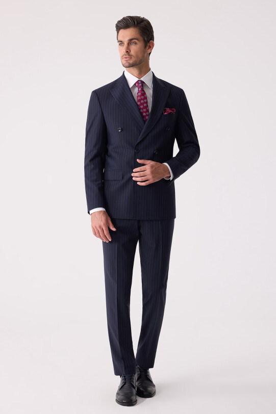 Erkek Lacivert Çizgili Slim Fit Kruvaze Takım Elbise