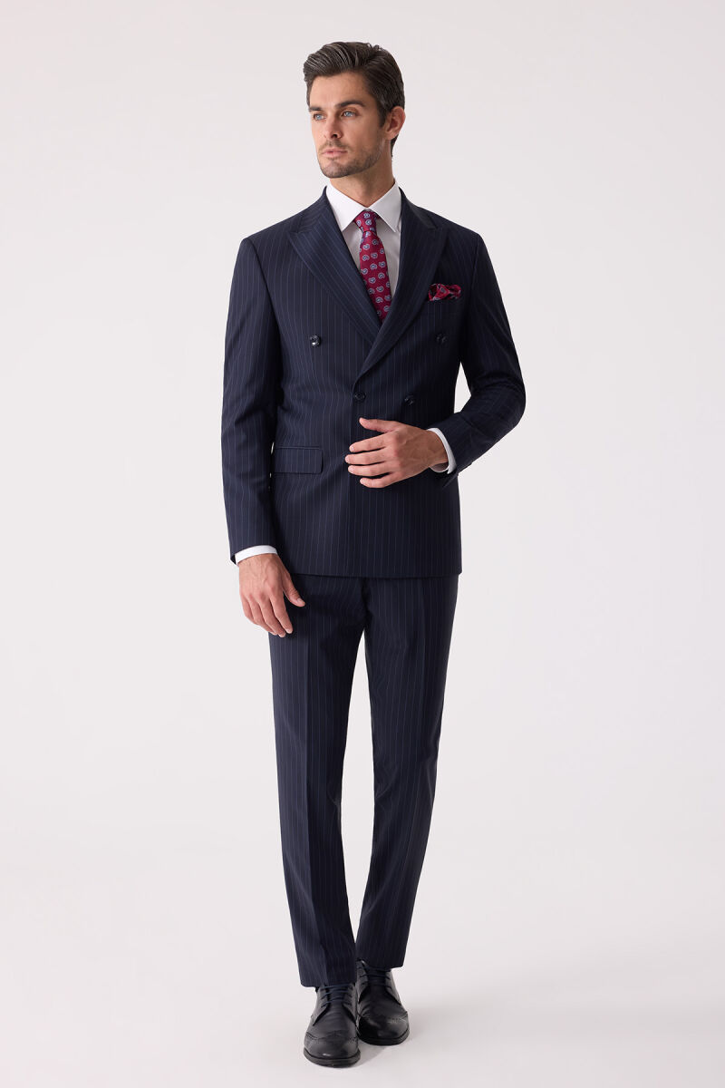 Erkek Lacivert Çizgili Slim Fit Kruvaze Takım Elbise - 3