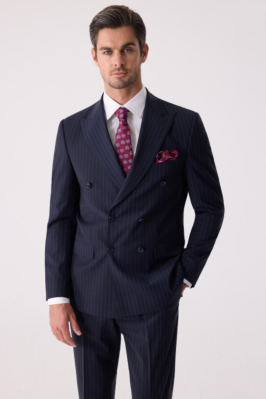 Erkek Lacivert Çizgili Slim Fit Kruvaze Takım Elbise