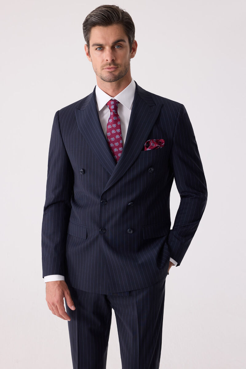 Erkek Lacivert Çizgili Slim Fit Kruvaze Takım Elbise - 4