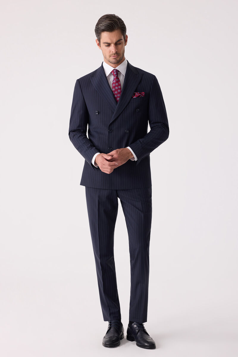 Erkek Lacivert Çizgili Slim Fit Kruvaze Takım Elbise - 5