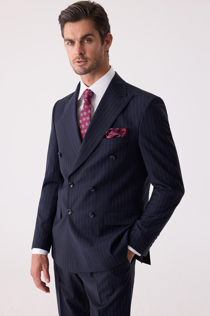Erkek Lacivert Çizgili Slim Fit Kruvaze Takım Elbise - 6