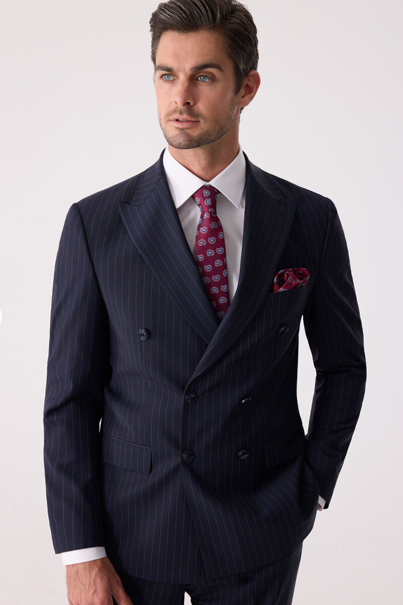 Erkek Lacivert Çizgili Slim Fit Kruvaze Takım Elbise - 7