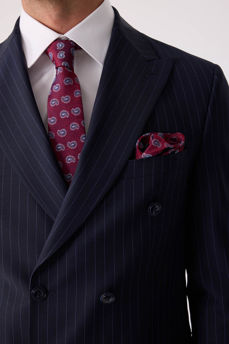 Erkek Lacivert Çizgili Slim Fit Kruvaze Takım Elbise - 8