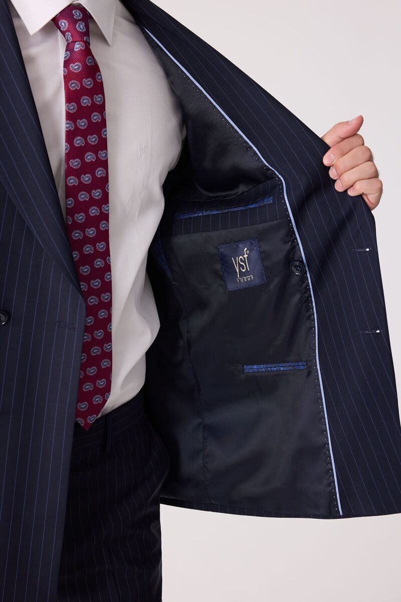 Erkek Lacivert Çizgili Slim Fit Kruvaze Takım Elbise - 9