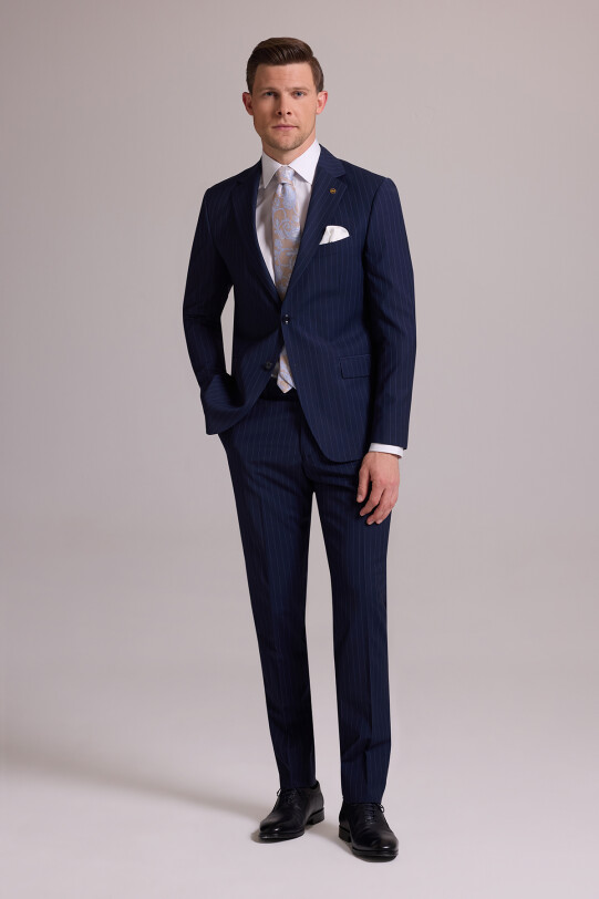 Erkek Lacivert Çizgili Slim Fit Mono Yaka %100 Yün Takım Elbise
