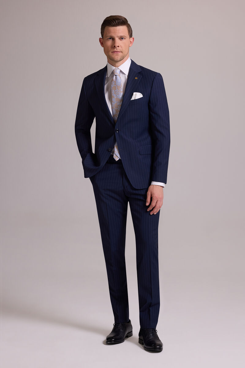 Erkek Lacivert Çizgili Slim Fit Mono Yaka %100 Yün Takım Elbise - 1