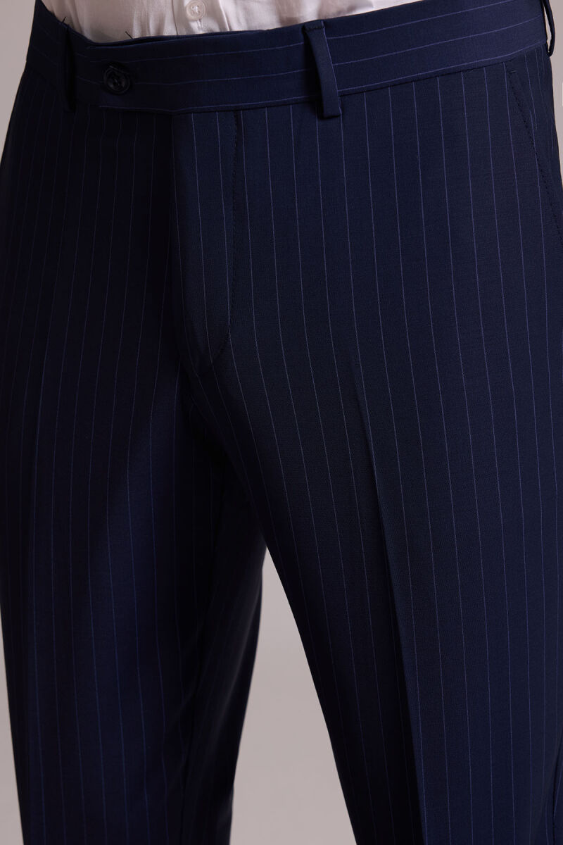 Erkek Lacivert Çizgili Slim Fit Mono Yaka %100 Yün Takım Elbise - 10