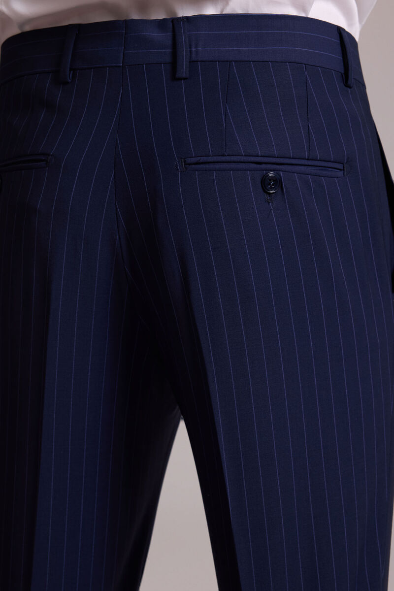 Erkek Lacivert Çizgili Slim Fit Mono Yaka %100 Yün Takım Elbise - 11