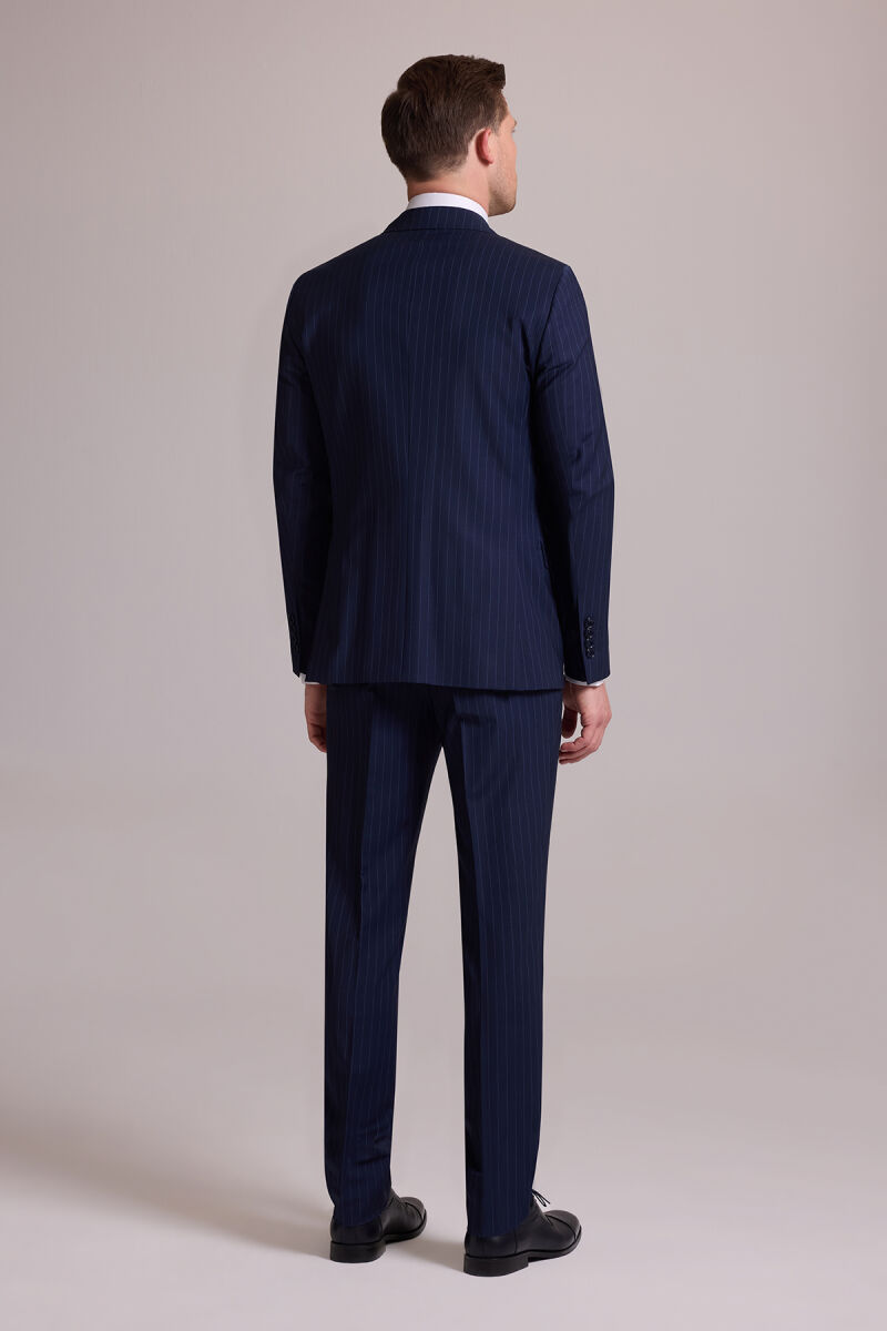 Erkek Lacivert Çizgili Slim Fit Mono Yaka %100 Yün Takım Elbise - 12