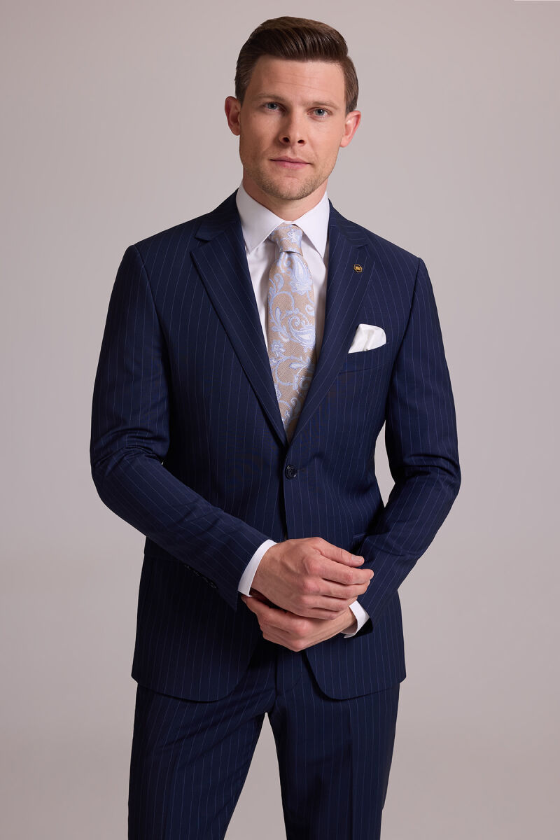 Erkek Lacivert Çizgili Slim Fit Mono Yaka %100 Yün Takım Elbise - 2