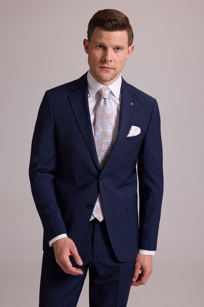 Erkek Lacivert Çizgili Slim Fit Mono Yaka %100 Yün Takım Elbise - 3