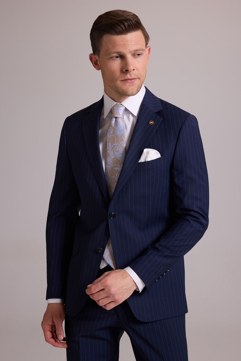 Erkek Lacivert Çizgili Slim Fit Mono Yaka %100 Yün Takım Elbise - 4
