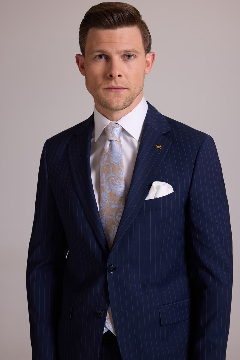 Erkek Lacivert Çizgili Slim Fit Mono Yaka %100 Yün Takım Elbise - 5