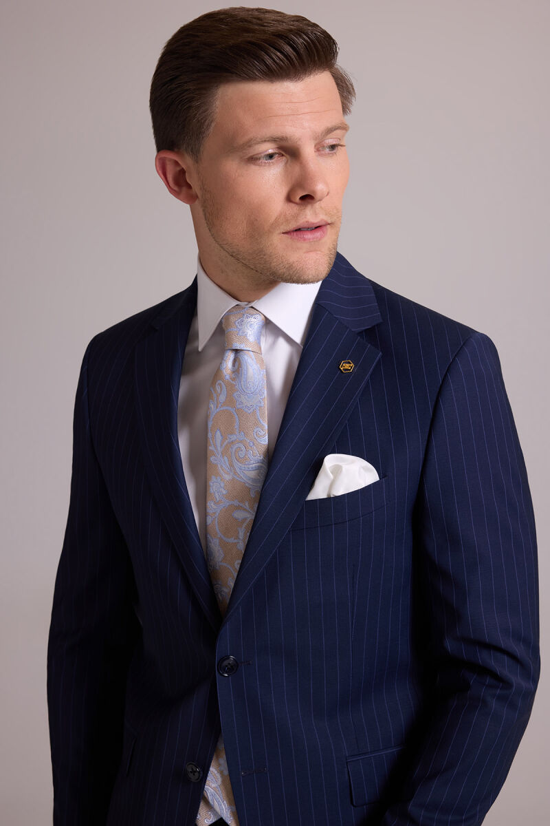 Erkek Lacivert Çizgili Slim Fit Mono Yaka %100 Yün Takım Elbise - 6