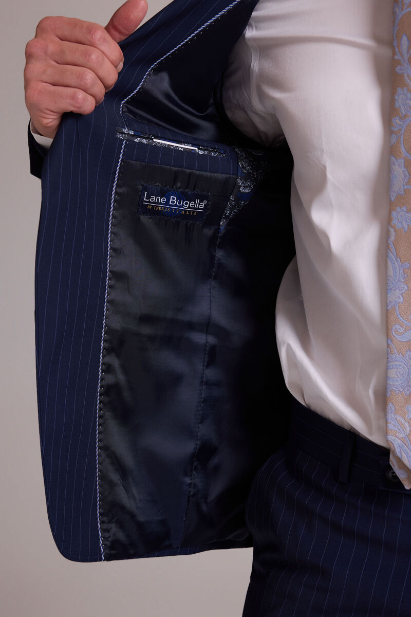 Erkek Lacivert Çizgili Slim Fit Mono Yaka %100 Yün Takım Elbise - 8