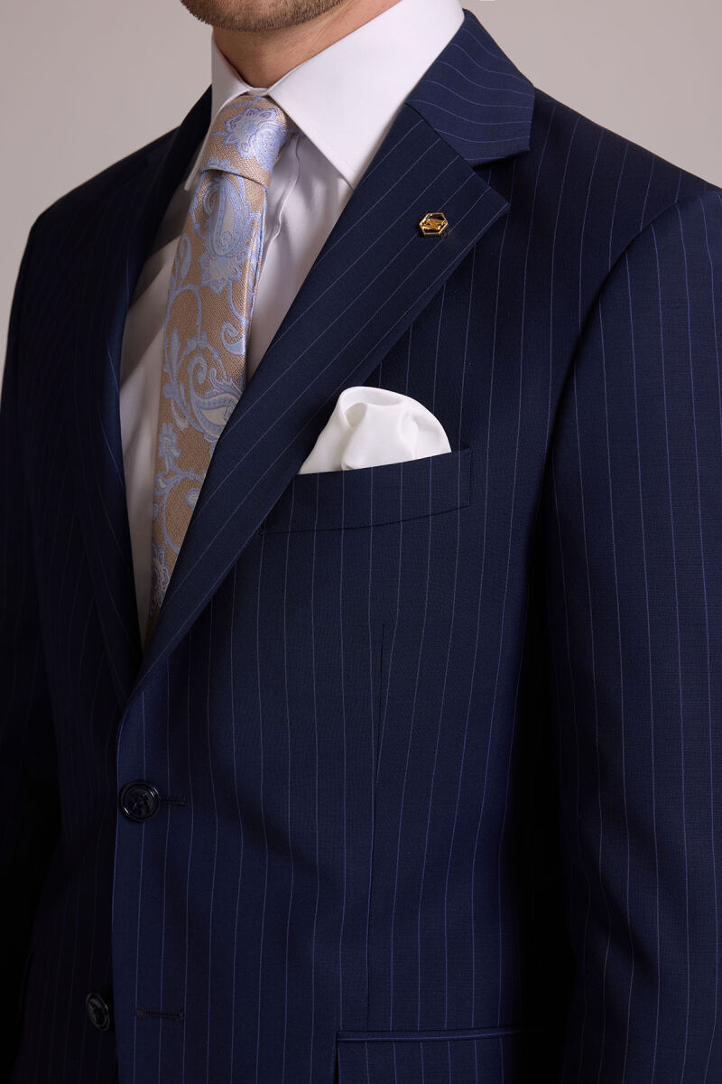 Erkek Lacivert Çizgili Slim Fit Mono Yaka %100 Yün Takım Elbise - 9