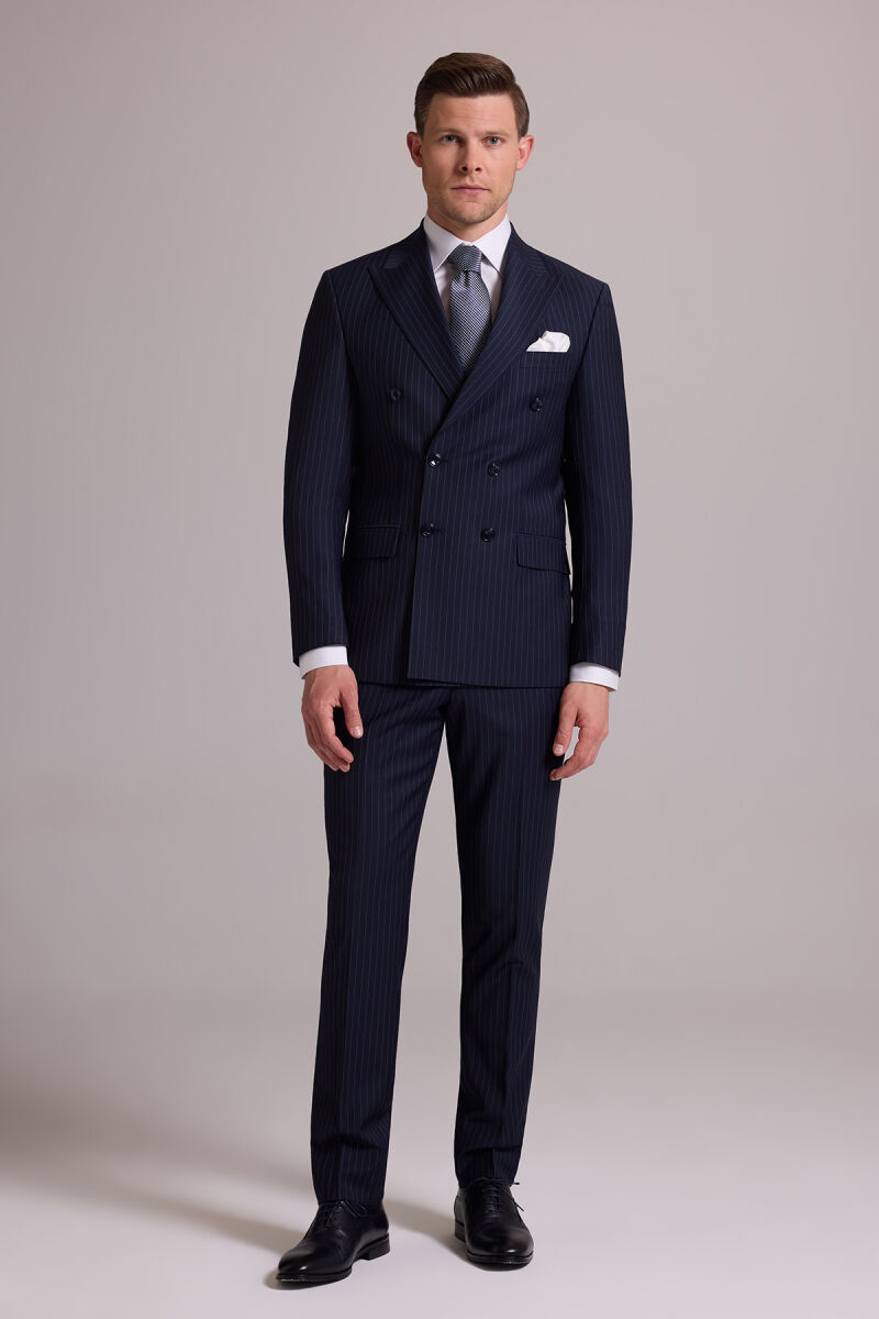 Erkek Lacivert Çizgili Slim Fit Sivri Yaka Kruvaze %100 Yün Takım Elbise - 2