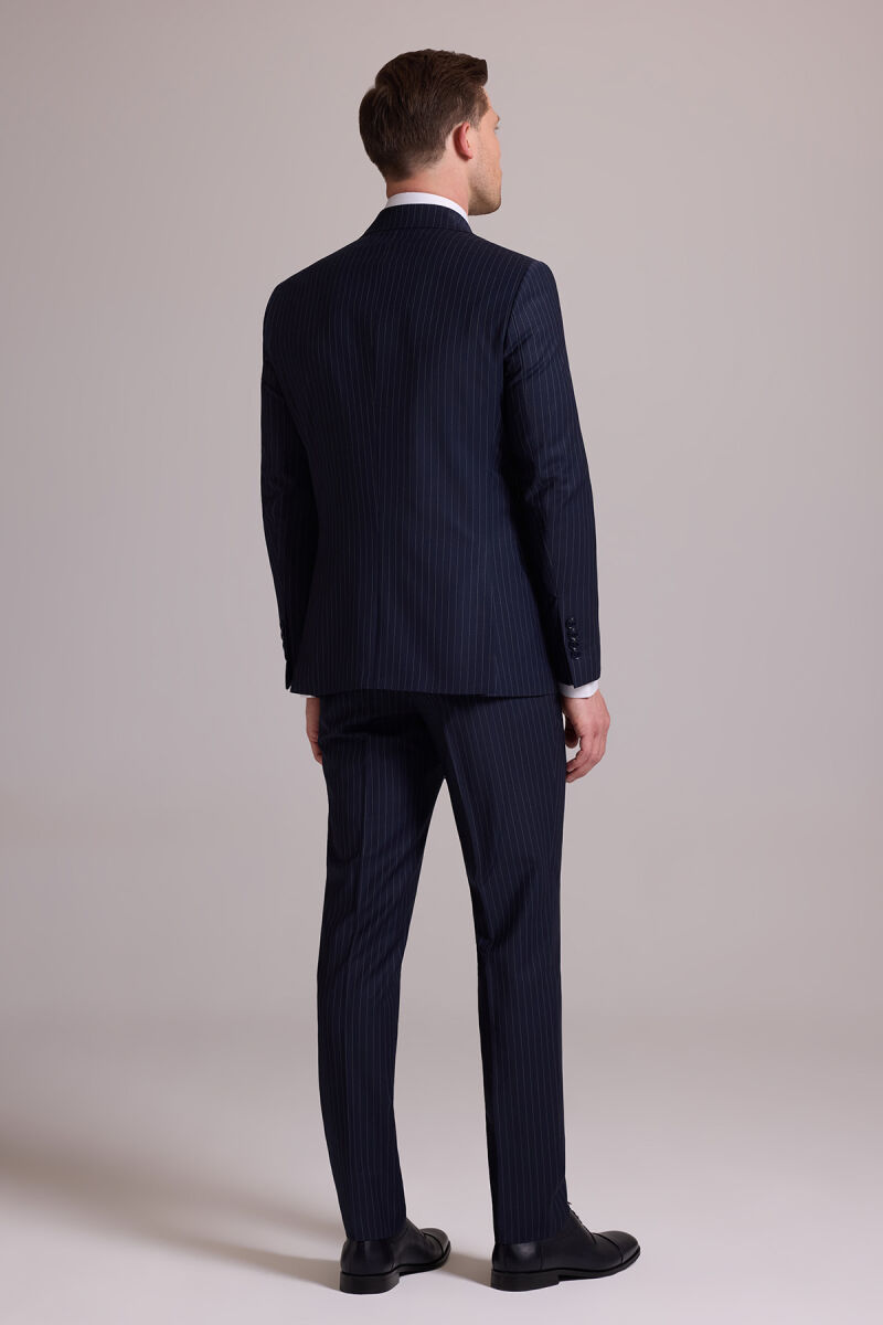 Erkek Lacivert Çizgili Slim Fit Sivri Yaka Kruvaze %100 Yün Takım Elbise - 12