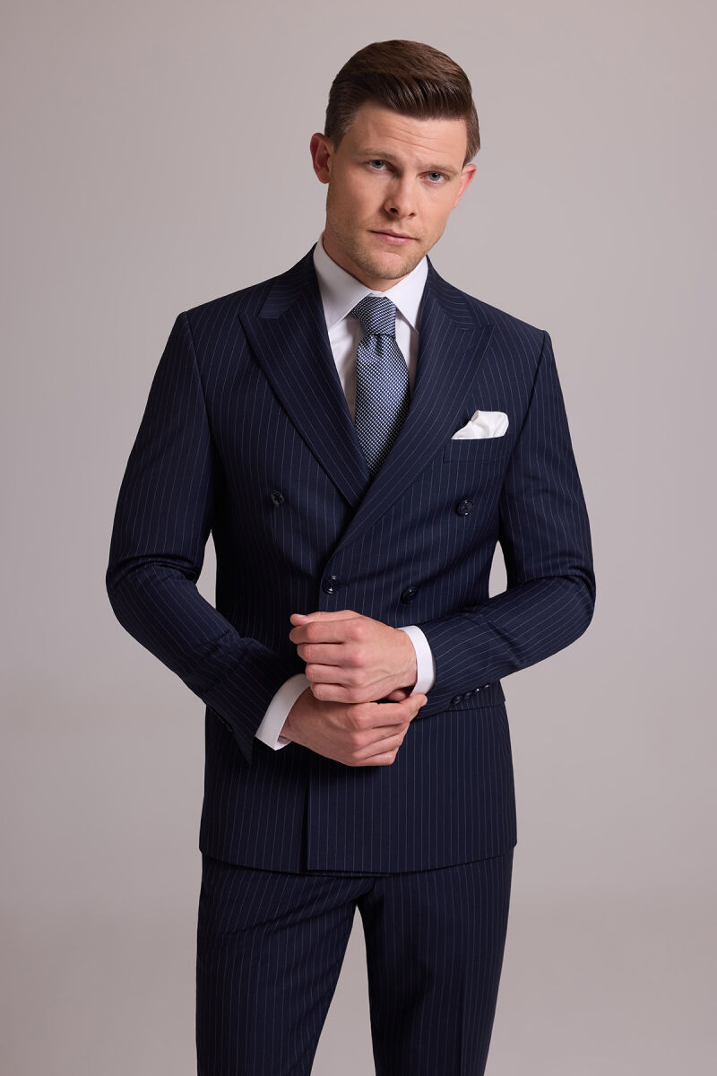 Erkek Lacivert Çizgili Slim Fit Sivri Yaka Kruvaze %100 Yün Takım Elbise - 1