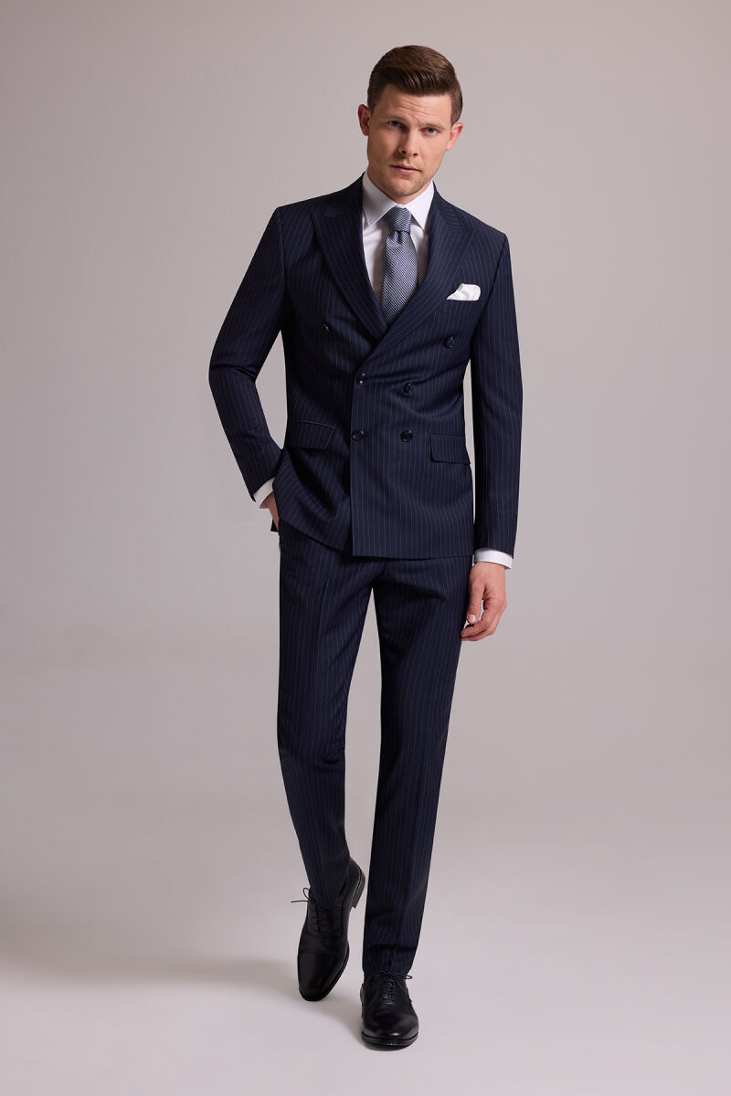 Erkek Lacivert Çizgili Slim Fit Sivri Yaka Kruvaze %100 Yün Takım Elbise - 3