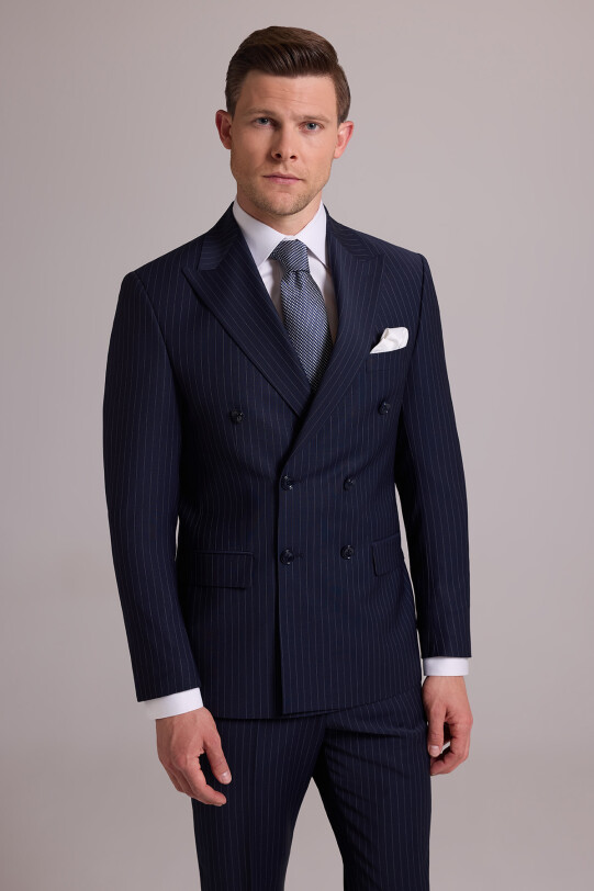 Erkek Lacivert Çizgili Slim Fit Sivri Yaka Kruvaze %100 Yün Takım Elbise