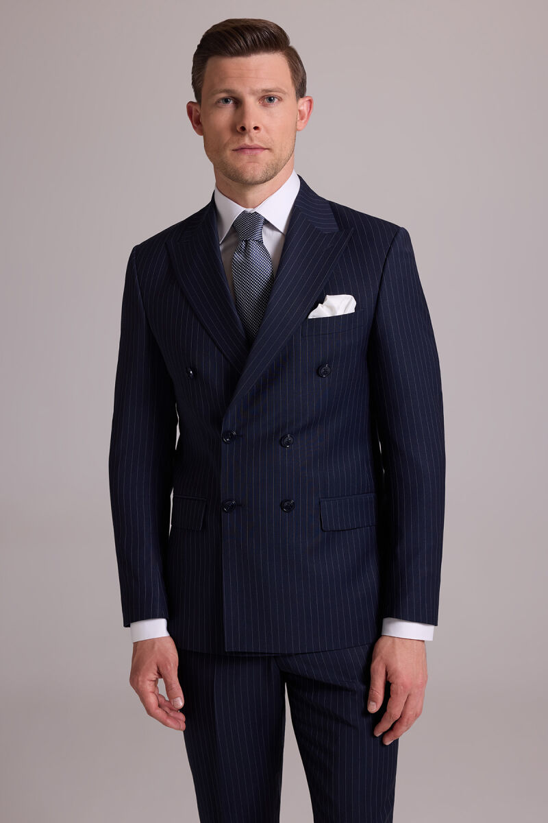 Erkek Lacivert Çizgili Slim Fit Sivri Yaka Kruvaze %100 Yün Takım Elbise - 5
