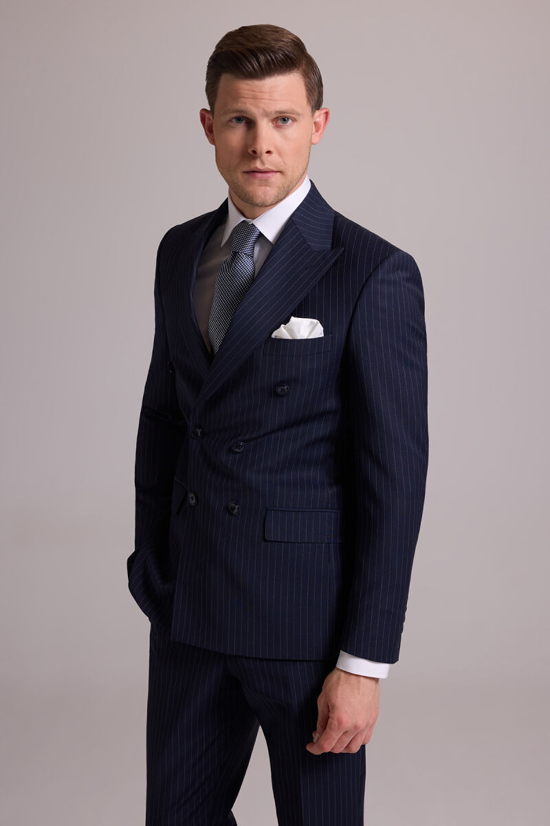 Erkek Lacivert Çizgili Slim Fit Sivri Yaka Kruvaze %100 Yün Takım Elbise - 7