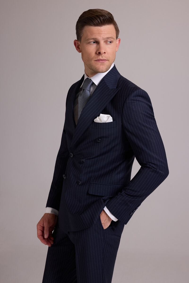 Erkek Lacivert Çizgili Slim Fit Sivri Yaka Kruvaze %100 Yün Takım Elbise - 8
