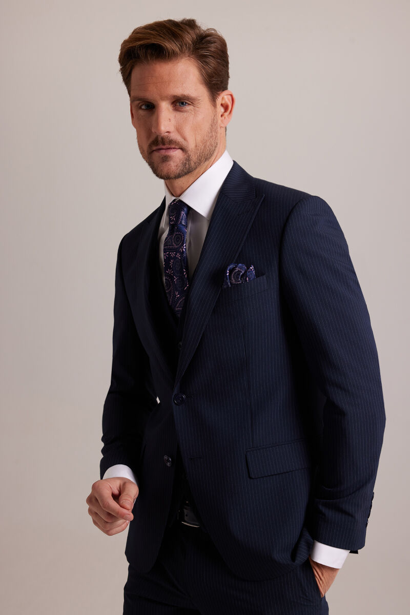 Erkek Lacivert Çizgili Slim Fit Sivri Yaka Yelekli Takım Elbise - 2