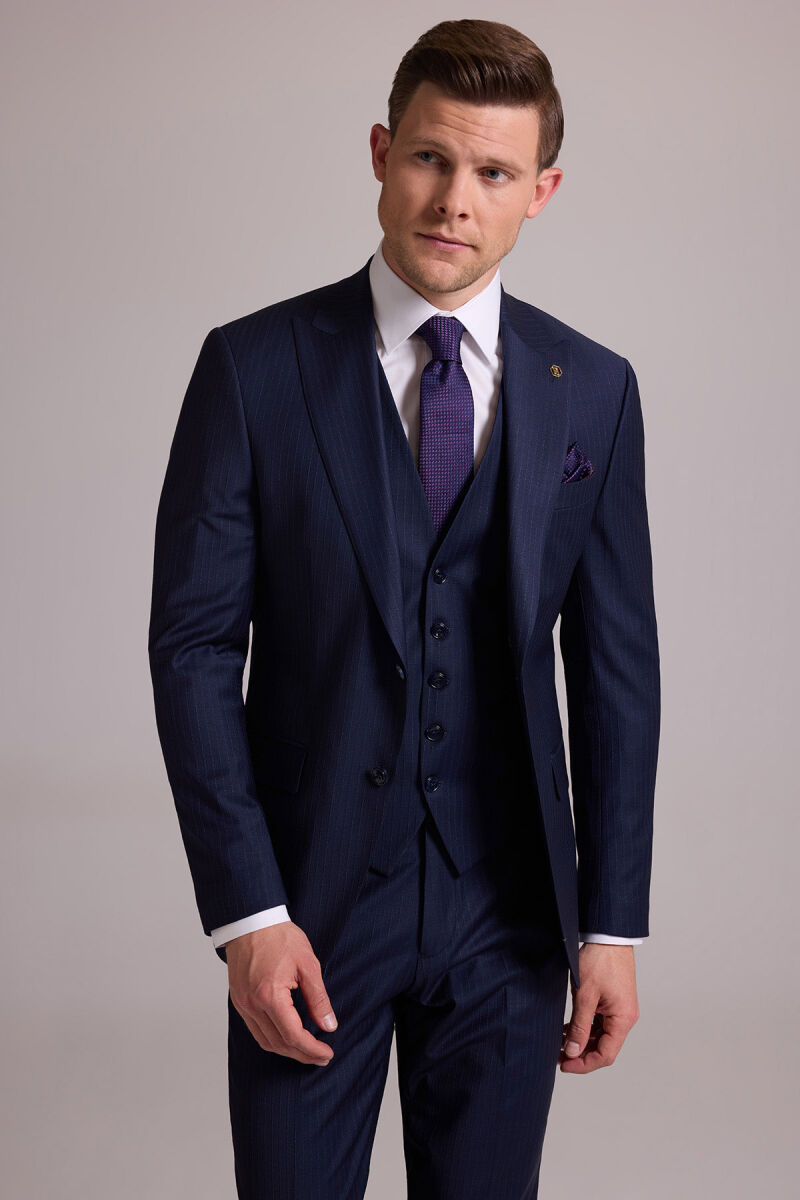Erkek Lacivert Çizgili Slim Fit Yelekli Kırlangıç Yaka Takım Elbise - 2